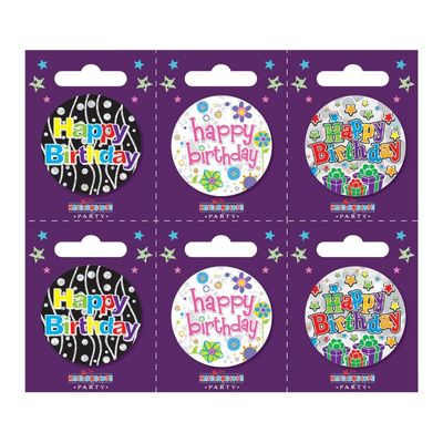 Happy Birthday Small Badges (6 assorted per perforated card) (5.5cm)  