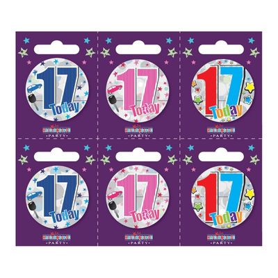 Age 17 Small Badges (6 assorted per perforated card) (5.5cm)  
