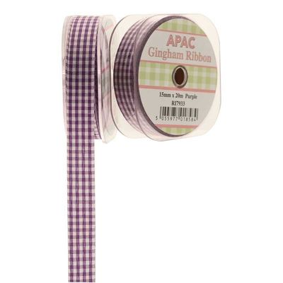Purple Small Gingham Check Ribbon (15mm x 20m)
