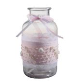 Glass Bottle W/Fabric/Lace/Pearl Pink  (H20cm)