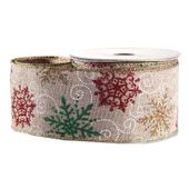 Natural with Gold/Red Glitter Pattern Ribbon (2.5 inch x 10yd)