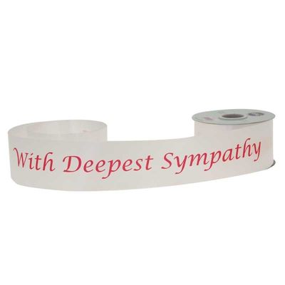 In Deepest Sympathy Poly Ribbon - White with red text ( 2 inch x 50 yards)