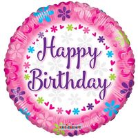 Happy Birthday - Pink With Flowers (18 inch)