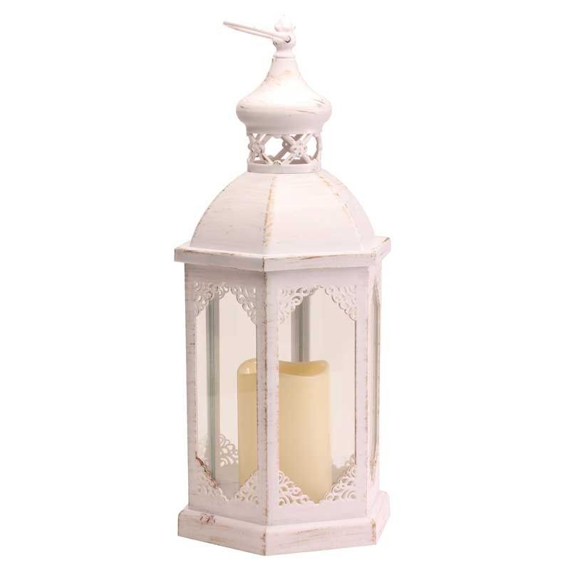 White Plastic Lantern with Flickering LED Candle (41cm) APAC