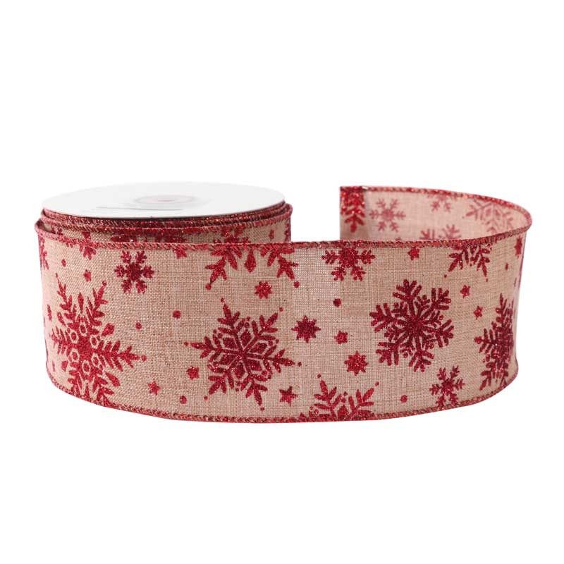 Natural with Red Glitter Snowflakes Ribbon (63mm x 10yds) | APAC