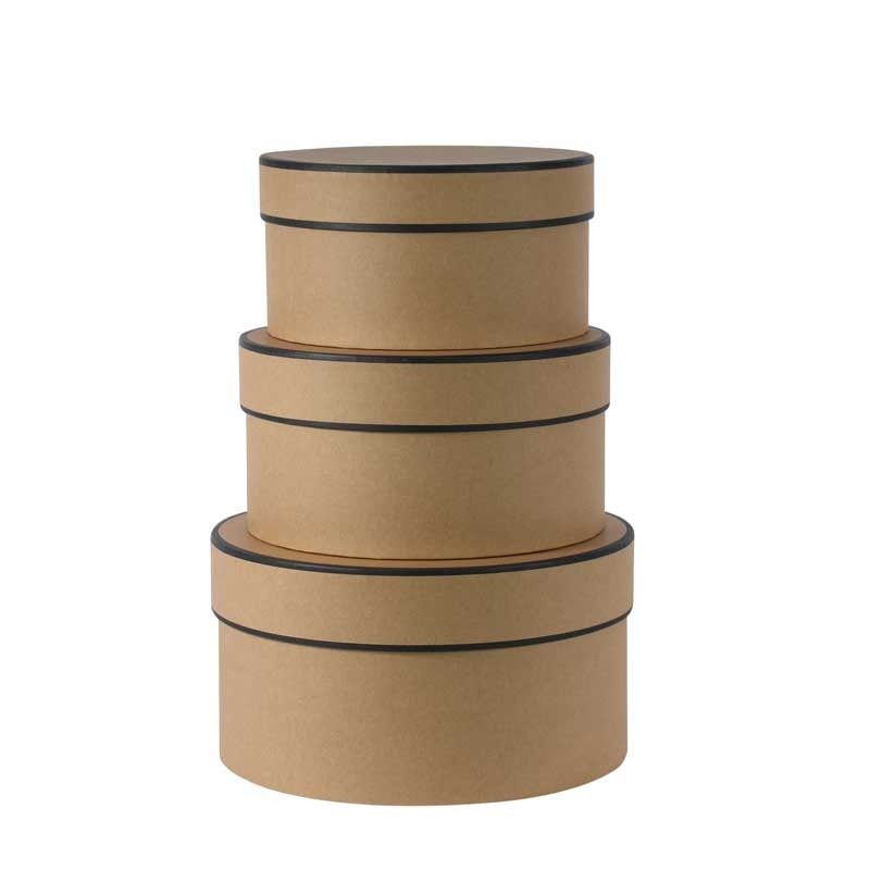Set of 3 Round Hat Boxes Kraft w/ black trim APAC