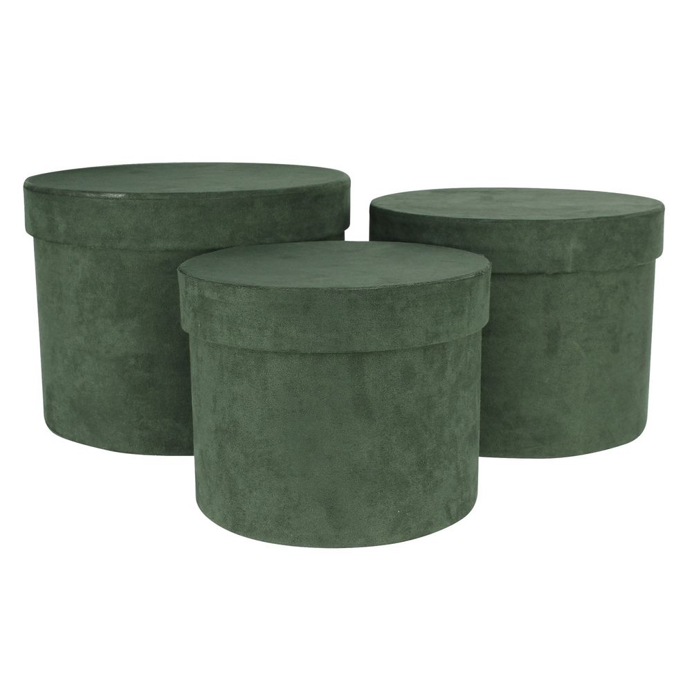 Green Suede Hat Box Set of 3 Largest D19 x H14.4cm APAC