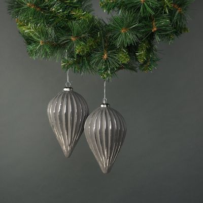 Naida Glass Large Drop Bauble Pewter & Silver (S/4)