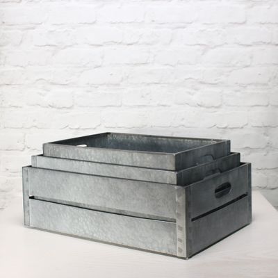 Zinc Antique Grey Whitewash Rectangular Crate Set of 3 - Large