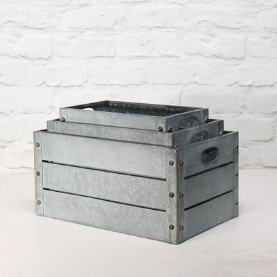 Zinc Antique Grey Whitewash Rectangular Crate Set of 3 - Small