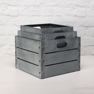 Zinc Antique Grey Whitewash Square Crate Set of 3 - Small