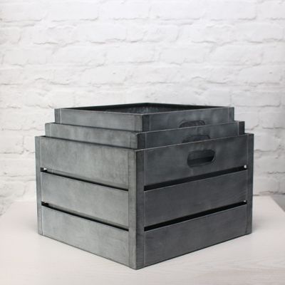 Zinc Antique Grey Whitewash Square Crate Set of 3 - Large