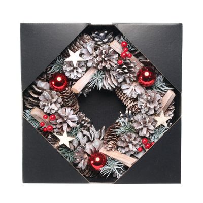 30cm Woodland Snow Wreath w/Red Baubles
