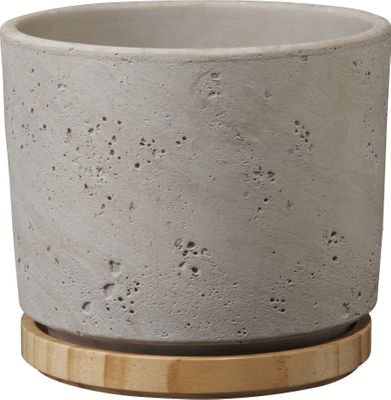 Paros Deluxe Ceramic Pot Light Grey / Wood (W14 x H13cm)