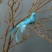 Pk2 x 18cm Blue Glitter Bird w/Feathers & Beads w/clip