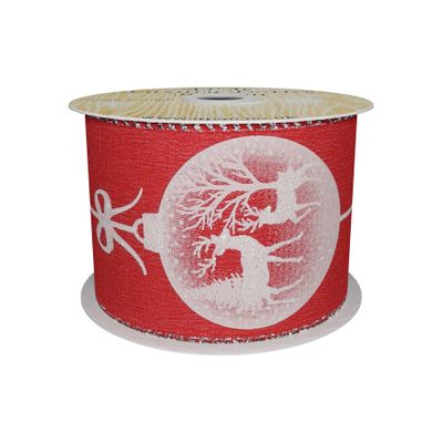 Red Satin Ribbon with Reindeer Bauble Print- White  63mm x 10yd