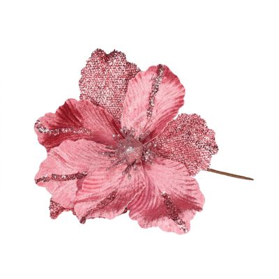 Velvet Magnolia with glitter leaf 26cm Pink 
