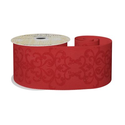 Red Ribbon with flocked Pattern  63mm x 10yd Wire edge