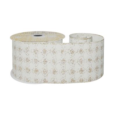 Cream Ribbon with gold Gliiter scallop design  63mmx 10yd wire edge