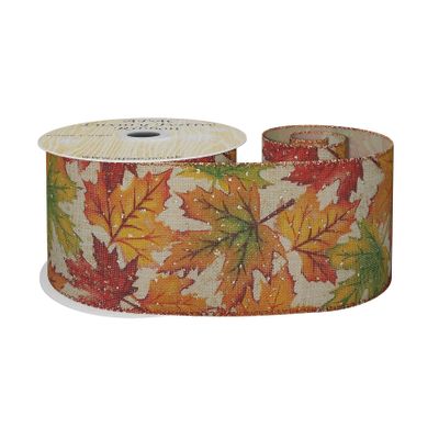 Natural Ribbon with Autumn Leaf  63mm x 10y wire edge