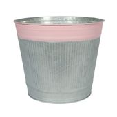 Whitewash Zinc Bucket with Pink Band H20.5cm