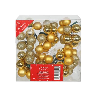 Gold Bauble on Wire - Matt / Shiny / Glitter(2cm) (72 Pieces)