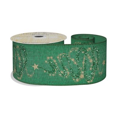 Natural green with Christmas gold star / green glitter swirl w/e 63mm x 10yd