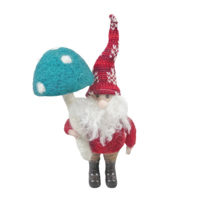 Felt Elf with Red Hat Holding Red Toadstool - H18.5cm