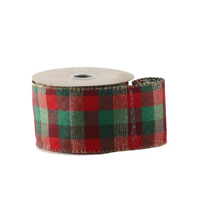 Red & Green Checked Ribbon - Wired Edge - 63mm x 10yds