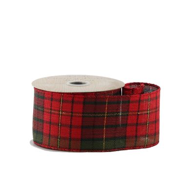 Red & Gold Tartan Ribbon  - Wired Edge - 63mm x 10yds
