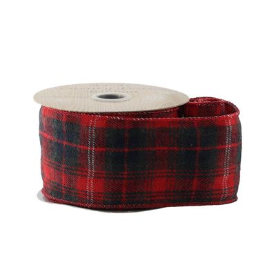 Red & Black Check Ribbon - Wired Edge - 63mm x 10yds