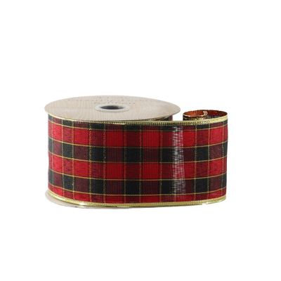 Red, Black & Gold Check Ribbon - Wire Edge - 63mm x 10yds