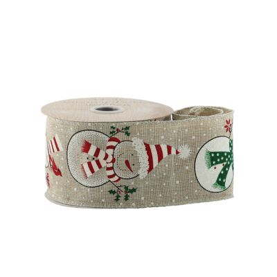 Natural Ribbon with Snowmen - Wired Edge - 63mm x 10yds