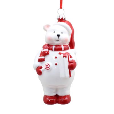 Bear with Gift Ornament - Red/White - 13cm