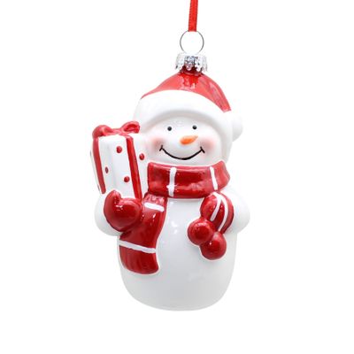 Snowman with Giftbox Ornament - White/Red - 10cm