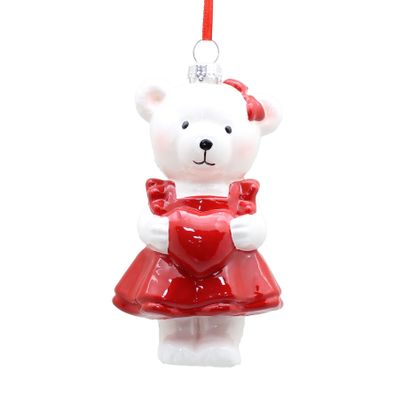 Teddy Bear holding Heart Ornament - Red/White - 11cm