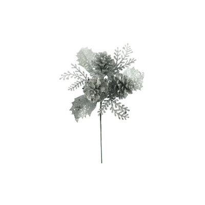 Glitter / Sequin Covered Cones & Foliage Pick - Silver - 18cm