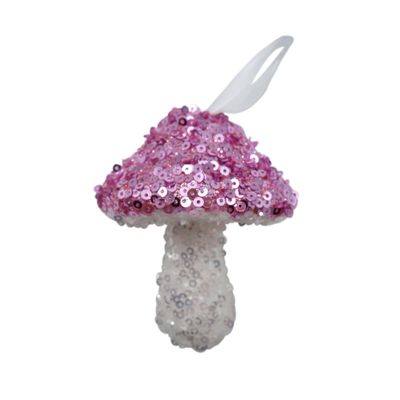 Sequin Mushroom Hanging Decoration - Pink/White - 9cm