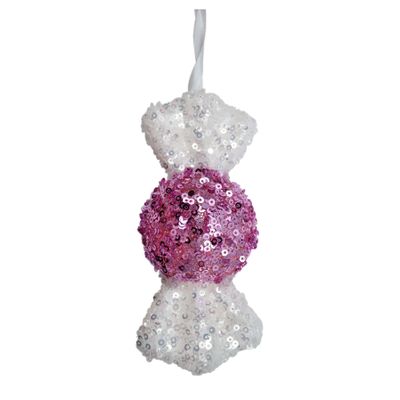 Sequin Round Candy Hanging Decoration - Pink/White - 13cm