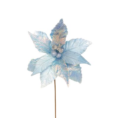 Iridescent Poinsettia Pick  - Ocean Blue - 50cm