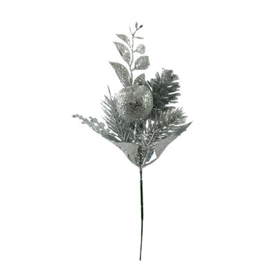 Glitter Apple & Foliage Pick - Silver - 24cm
