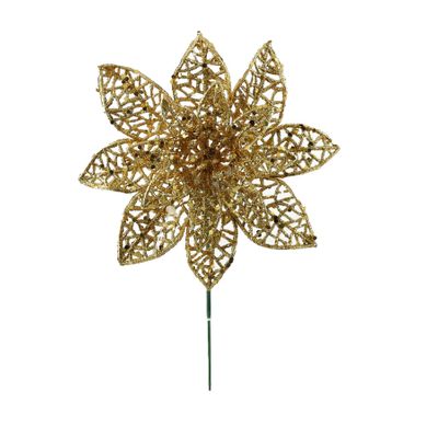 Glitter Lacy Poinsettia  Pick - Gold - 18cm
