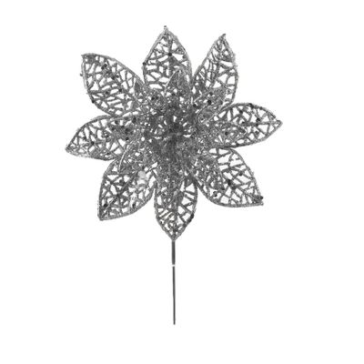 Glitter Lacy Poinsettia  Pick - Silver - 18cm