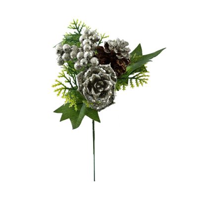 Glitter Berry /Cone with Green Leaf Pick - Silver - 18cm