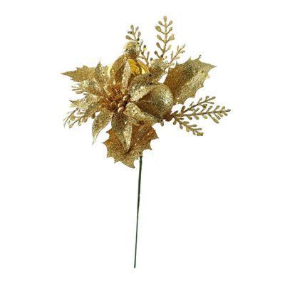 Glitter Poinsettia / Berry & Bauble Pick - Gold - 24cm