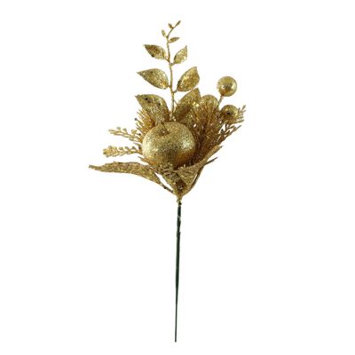 Glitter Bauble with Fern & Berry Pick - Gold -