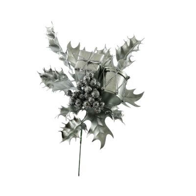 Glitter Drums / Holly & Glitter Berries Pick - Silver 20cm