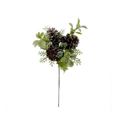 Frosted  Pine Cone & Greenery Pick - 22cm