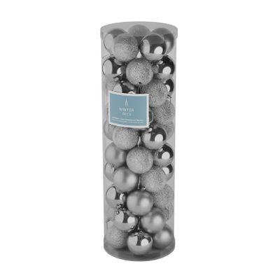 Silver 10cm Plastic Ball in tube (matt,shiny,glitter) x 50