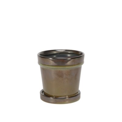 Painted TC Pot with Saucer Vintage Brown-Stoneware (10x10cm)